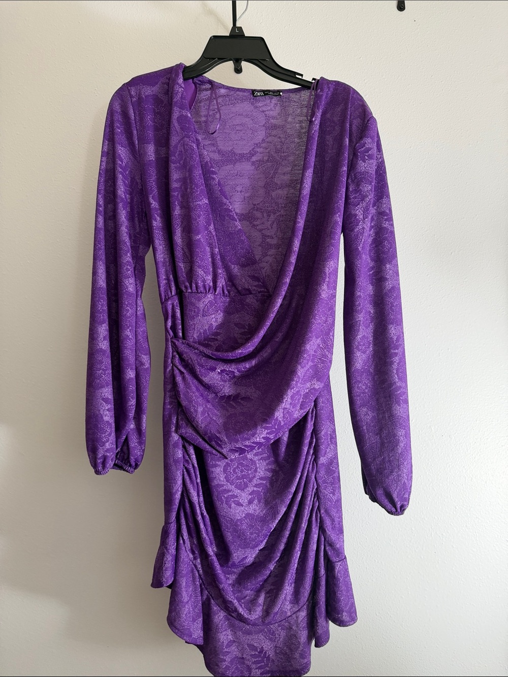 Zara Purple Draped Long-Sleeve Mini Dress with Jacquard Texture